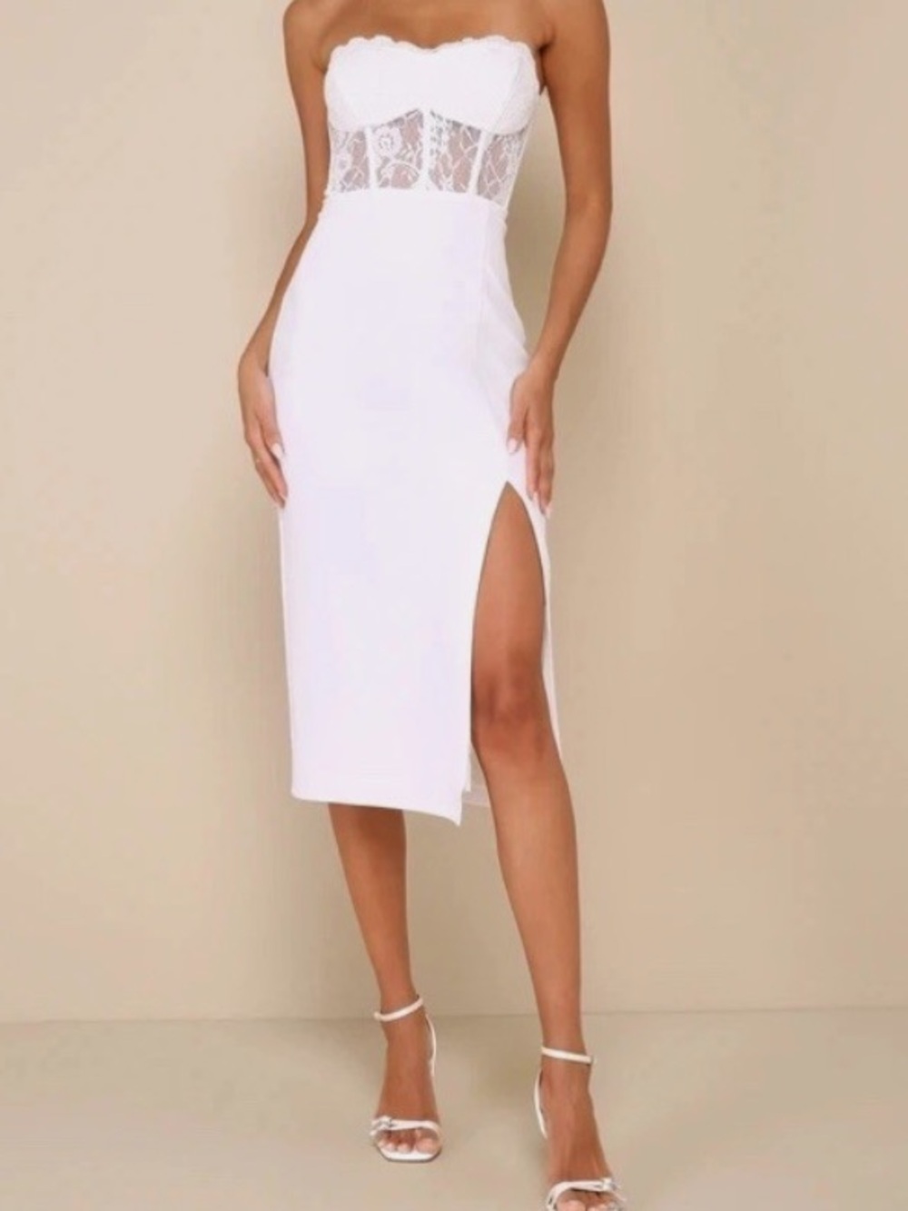 LULU's M Exquisitely Sultry White Lace Strapless Bustier Midi Bride Shower Dress